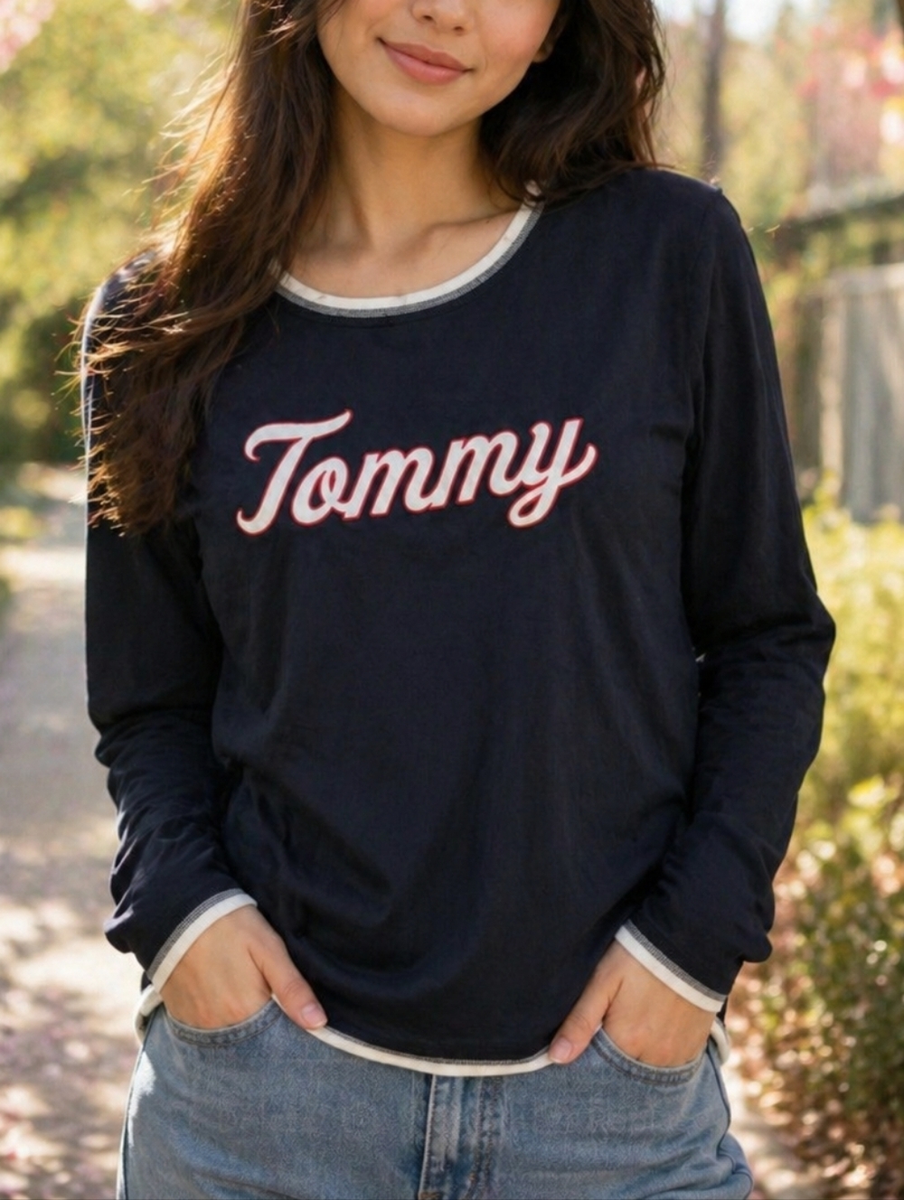 Tommy Hilfiger Navy Logo Long Sleeve Top | Classic Preppy Crewneck Tee | Casual
